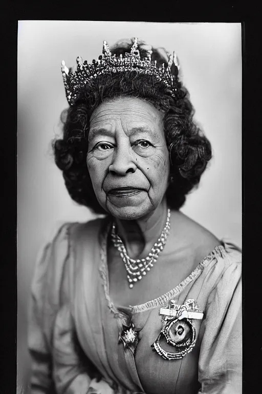 Image similar to a colour photograph of an elderly black lady with grey curly hair, wearing a crown and clothing of Queen Elizabeth the second, 50mm lens, portrait photography, taken by Robert Capa, studio lighting