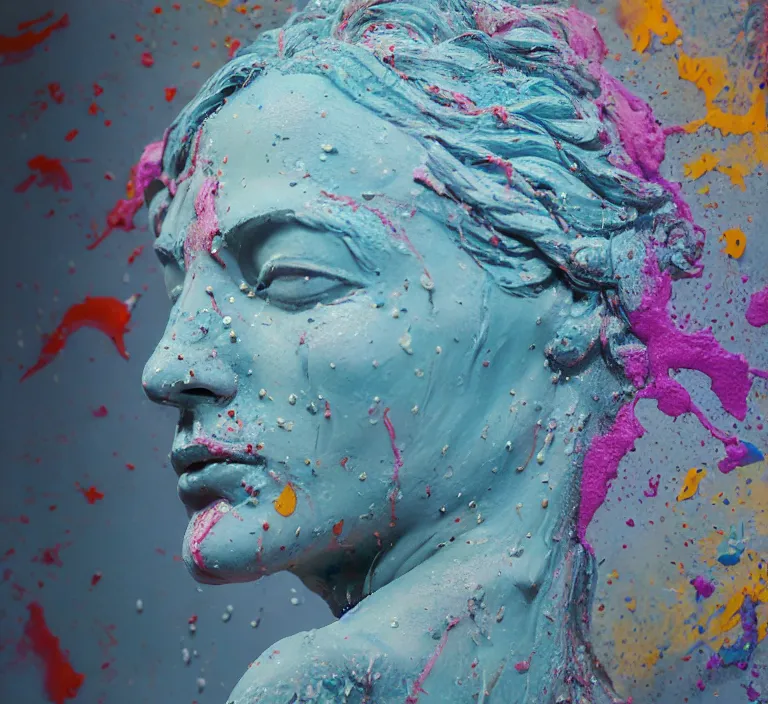 Image similar to still shot footage of a closed eyed female greek god statue's head morphing into paint frottage, and decalcomania, acrylic pour and coloured powder explosion and splashing paint and dripping paint and flying paint chunks, embossed paint, motion blur, hyperrealistic, intricate art photography, hyperrealistic, anatomically correct, realistic crisp textures, 1 6 k,