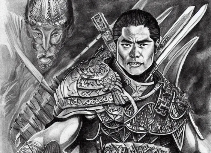 Image similar to toshiro mifune as an ancient warrior, extremely detailed, fantasy art, great quality, d & d,