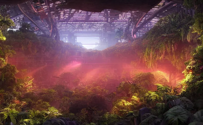 Image similar to a beautiful render of a sci - fi military industrial facility localized in a jungle cave, lush flora, patches of yellowish - red - magenta sky, sunset lighting, intricate detail, hazy, humid, volumetric lighting, god rays, 8 k, photorealistic, raytracing effects, rtx on