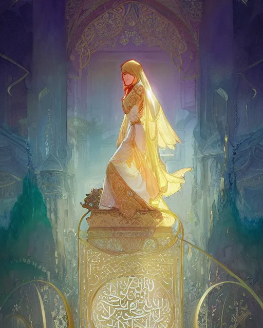 Image similar to an open quran highly detailed, gold filigree, romantic storybook fantasy, soft cinematic lighting, award, disney concept art watercolor illustration by mandy jurgens and alphonse mucha and alena aenami, pastel color palette, featured on artstation