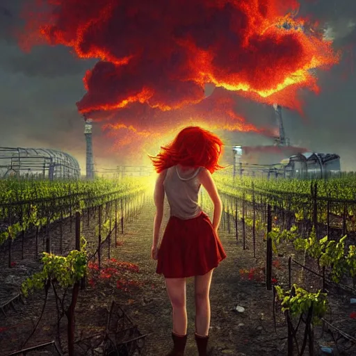 Image similar to red hair girl, chernobyl powerplant!!!, rubble, flowers, vines, hyperrealistic, highly detailed, cinematic, single ray of golden sunlight, beautiful, cgssociety, artstation, 8 k, oil painting by greg rutkowski, by artgerm, by wlop