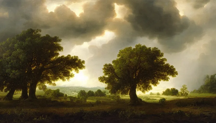 Image similar to A beautiful, highly-detailed oil painting of a rainy landscape; with lightning striking a lonely oak tree