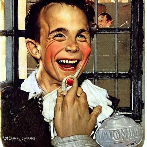 Prompt: smiling handsome young vampire count in the window. painting by Norman Rockwell.