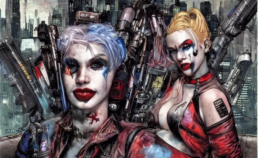 Image similar to a dream portrait of cyberpunk Harley Quinn in post apocalyptic Gotham art by Paul Dini, Travis Charest, Simon Bisley