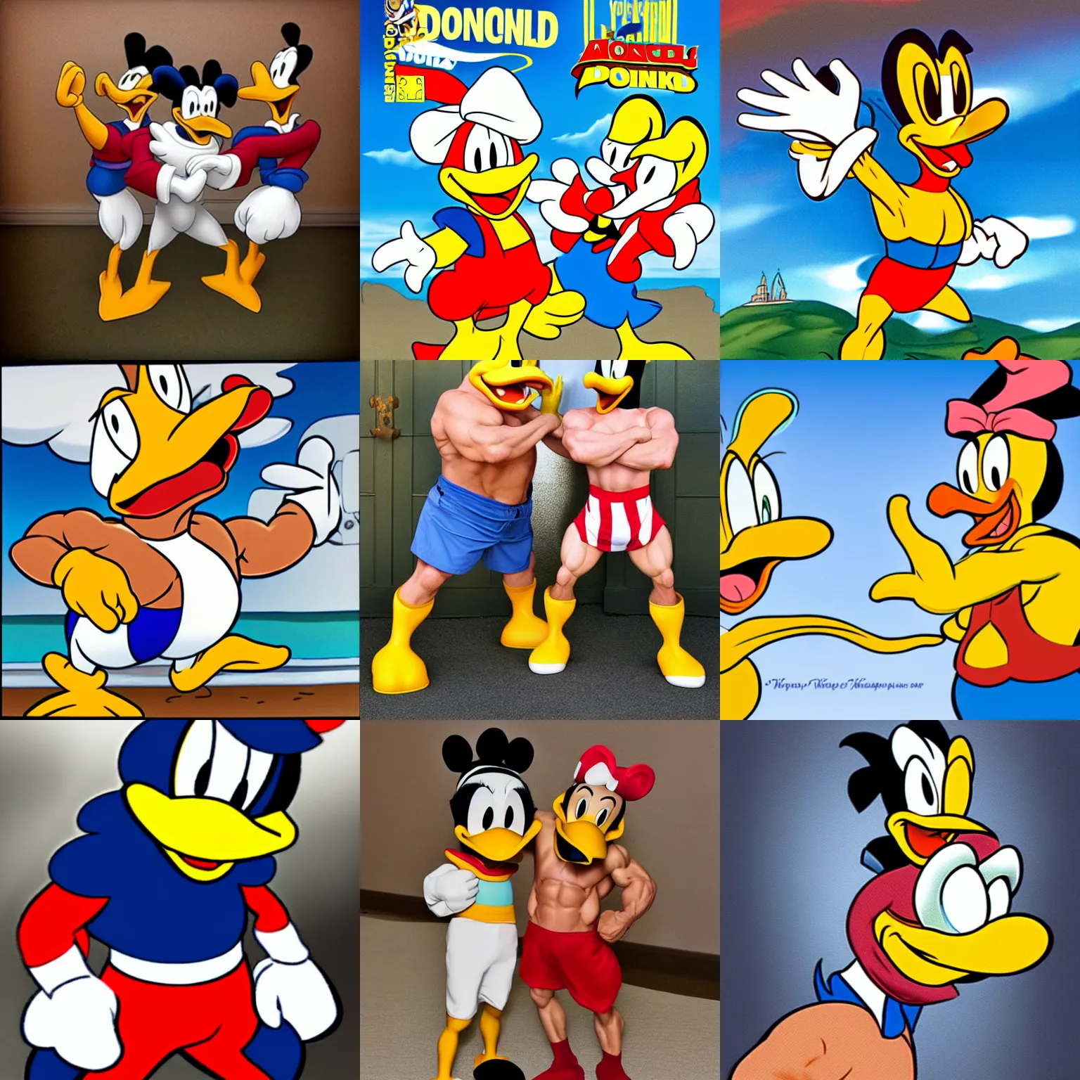 Prompt: muscular donald duck kissing muscular goofy