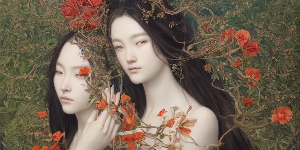 Image similar to breathtaking detailed concept art painting of the goddess, orthodox saint, with anxious, piercing eyes, ornate background, amalgamation of leaves and flowers, by hsiao - ron cheng and john james audubon and miho hirano, extremely moody lighting, 8 k