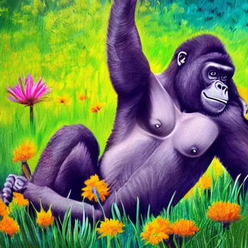 Prompt: Harambe happily frolicking in a meadow with colorful flowers in the afterlife, painting,