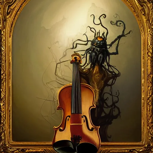 Image similar to bold simple lifelike humanoid baroque oil painting of close view of an ornate gothic violin interior with gold spidery embellishments, night, smoke, ground fog, by peter mohrbacher, by frank frazetta, by alan lee, john howe, da vinci, large depth of field, super detailed, digital art, trending on artstation, ornate