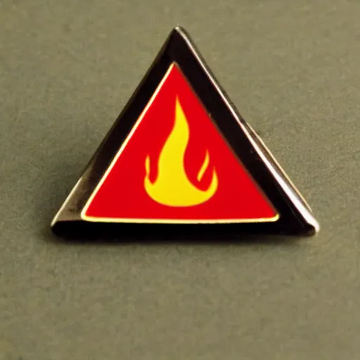 Image similar to a triangle enamel pin of a retro minimalistic fire flames warning label, smooth curves