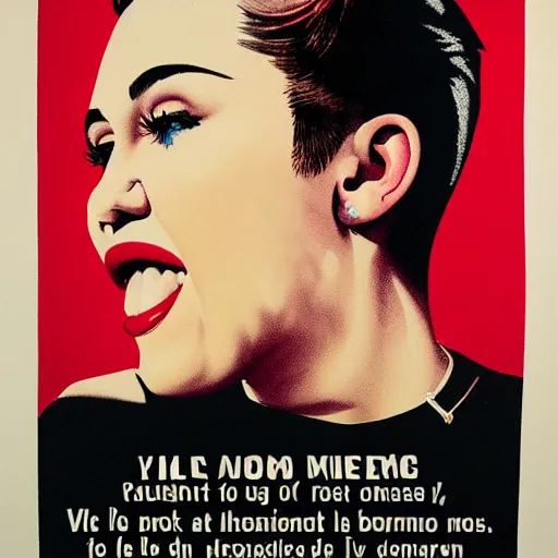 Image similar to propaganda poster, miley cyrus, close up, portrait, shouting