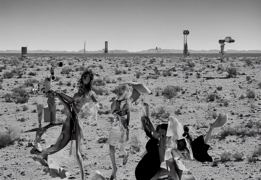 Image similar to fashion editorial in nuclear explosion. Nevada desert test site. wide angle shot. highly detailed. depth of field. high definition. 8k. photography.