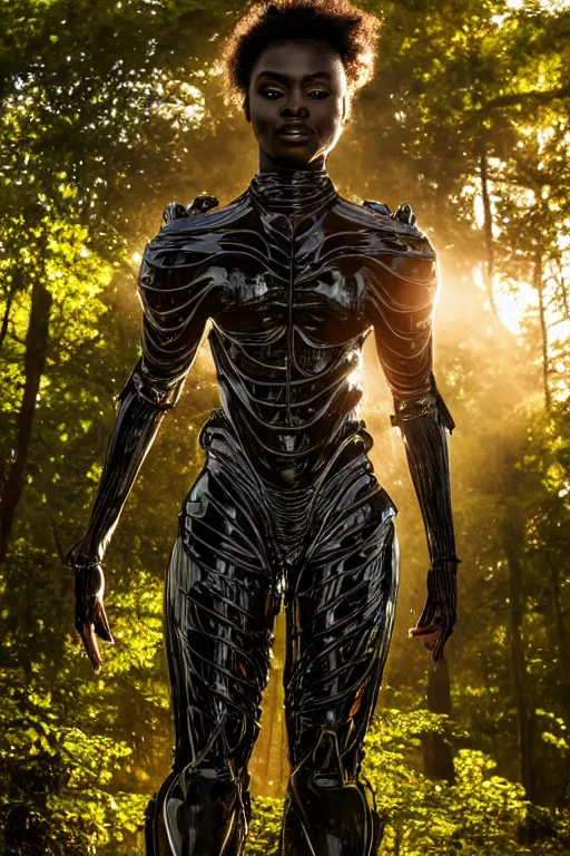 Image similar to hyperrealistic very beautiful black woman highly detailed exoskeleton armor in a forest sun behind her god rays concept art eric zener elson peter dramatic light low angle hd 8k sharp focus