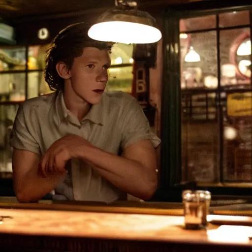 Image similar to tom holland at a 1 9 5 0's bar during a rainy night, cinematic lighting, photorealistic