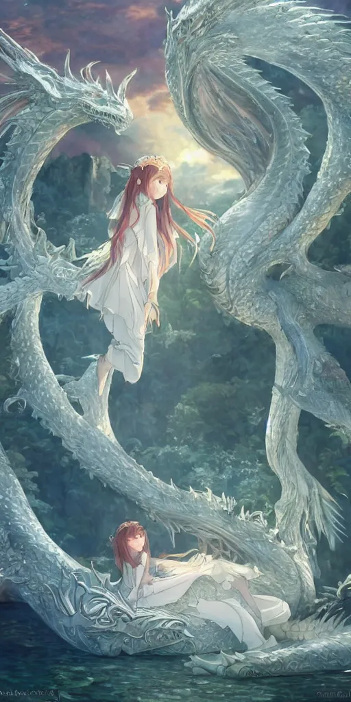 Image similar to the beautiful hyper detailed scene render that a lonely beautiful girl lies in the arms of a huge silver white dragon alone in fairyland surrounded by white clouds, finely detailed angelic face delicate features, style of studio ghibli, makoto shinkai, raphael lacoste, louis comfort tiffany, artgerm, james jean, ross tran, animation style, hd, ultra wide angle