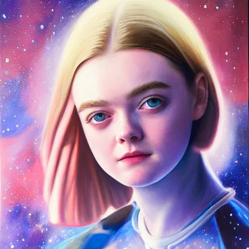 Image similar to a striking hyper real painting of Elle Fanning in space by John Sargent