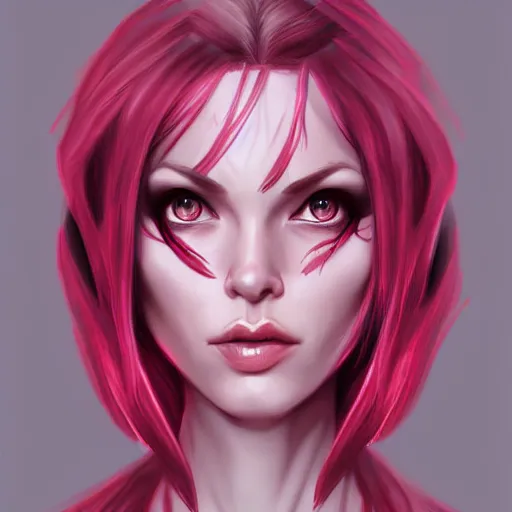 Image similar to half elf woman, beautiful, short pink hair, deep crimson eyes, digital art, smooth, character drawing, artstation, highly detailed, symmetry