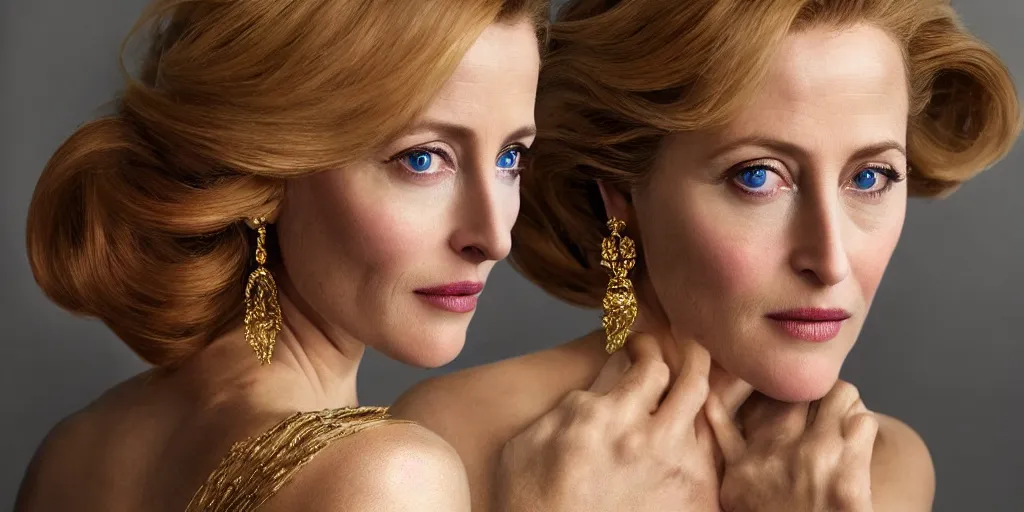 Prompt: gorgeously dreamlike beautiful face Gillian Anderson, hair updo, balayage, natural make-up, luxurious ornate golden jewelry, earrings, low cut dress, dynamic lighting, award winning photo shoot, intricately detailed, glimmering, shining, photo realistic, cinematic, volumetric lighting, fashion portrait, 8K UHD