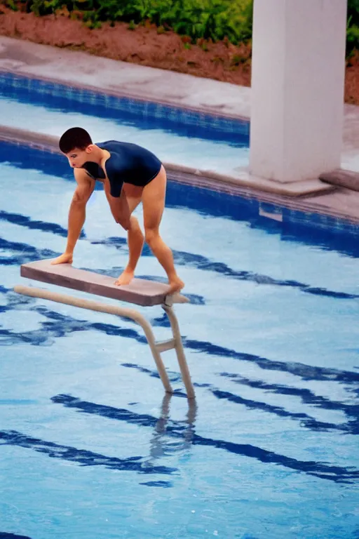 Prompt: close up still shot of young nick jonas standing on the diving board, summer olympics footage, 3 5 mm, highly detailed, disney channel original movie, dynamic lighting, subject centered in photo, octane render