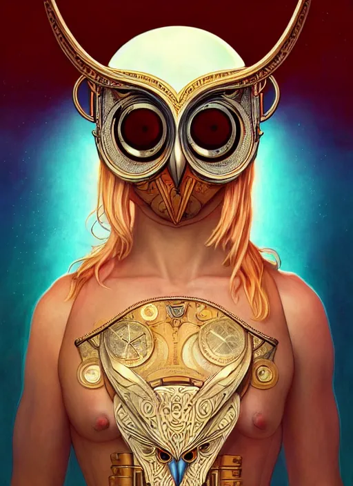 Prompt: the pale blond sun god apollo smirking, owl helmet, full body shot, steampunk, glowing eyes, volumetric lights, red and cyan theme, art nouveau botanicals, intricate, highly detailed, digital painting, artstation, concept art, smooth, sharp focus, cinematic, illustration, beautiful face, art by artgerm and greg rutkowski and alphonse mucha