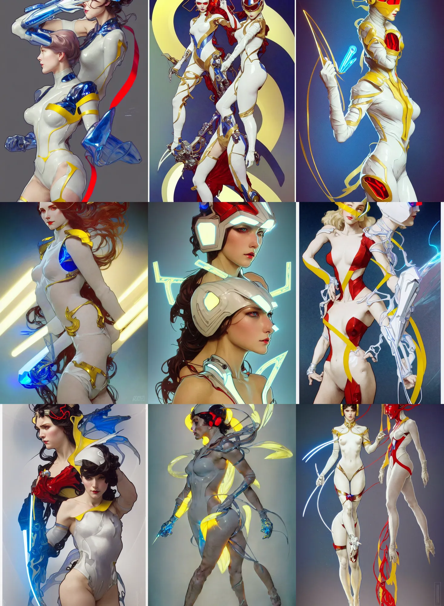 Prompt: a full body character design by artgerm, greg rutkowski and alphonse mucha. sci - fi dagger. laser white and yellow tape and red translucent plastic tape project show attctive showgirl!! sci - fi helmet electric blue eyes!! sharp edges. contour light effect!! ultra detailed, elegant, intricate, octane render.