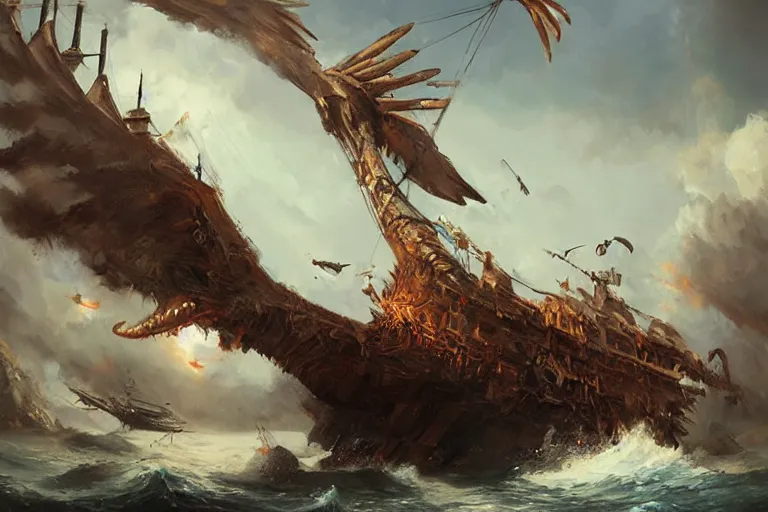 Prompt: Giant bird monster destroying a pirate ship, dramatic oil painting, by WLOP, by Artgerm, volumetrics, digital art, 4k