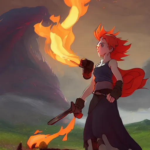 Prompt: “a full body portrait of the short and fiery blacksmith Moira at her forge, blacksmith's outfit, big breasts, outside of castle, fire sky, terrifying fire breathing dragon flying in the background, makoto shinkai, james gilleard, very detailed, matte, gaussian blur, tone mapped, Akihiko Yoshida”