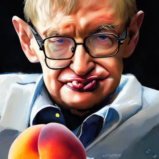 Image similar to stephen hawking eating a peach delicious food art greg rutkowski james gurney