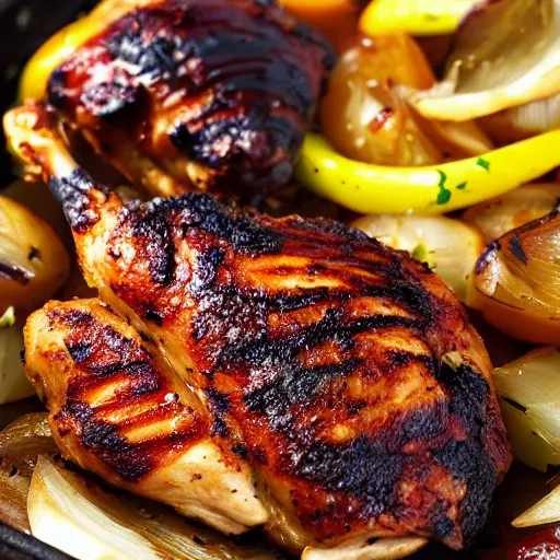 Image similar to Barbecued chicken sauteed with onions, 4k UHD photo