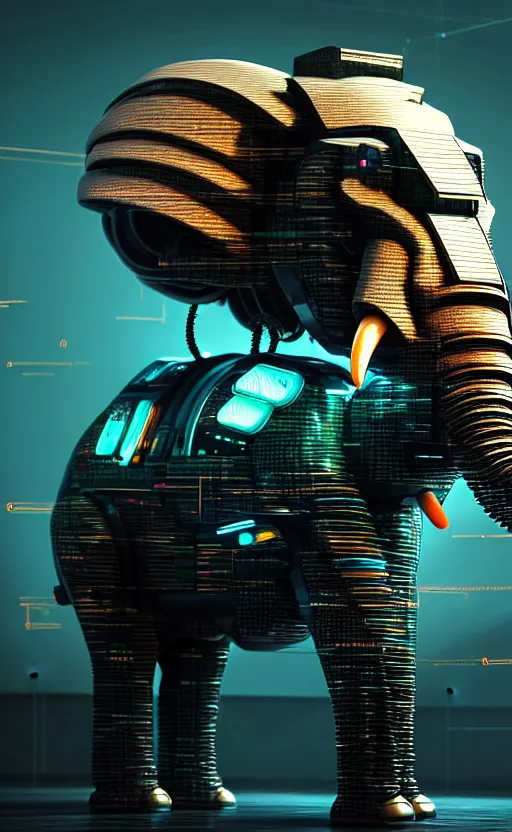 Image similar to hyper realistic and higly detailed photo of a cyberpunk mech elephant. full elephant is seen. intricate, wiring, electronic components, color diodes. volumetric light. professional digital art, lotr style, extremly detailed, trending on artstation, stuning, octane render, unreal engine 5, 8 k rendering.