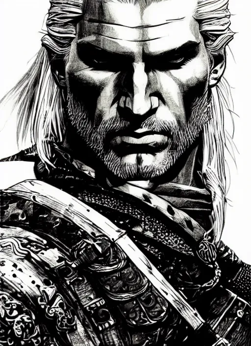 Image similar to portrait of geralt of rivia, sumi - e style, masterful, intense, ultrafine hyperdetailed illustration, concept art, detailed, intricate linework, art by yoji shinkawa