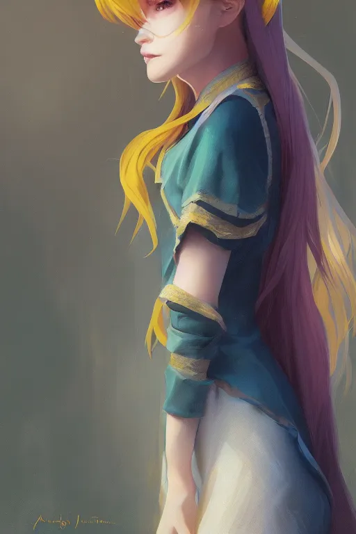 Image similar to girl wizard with long yellow hair wearing a dress, character art, by artgerm, by jeremy lipking, anime style, digital art, fantasy art, octane render, drawing, beautiful girl