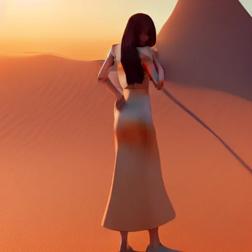 Image similar to innovative avant-garde art, deco fashion, asian women, highly detailed, photorealistic portrait, serene desert setting, golden hour, crisp quality and light reflections, unreal engine 5 quality render