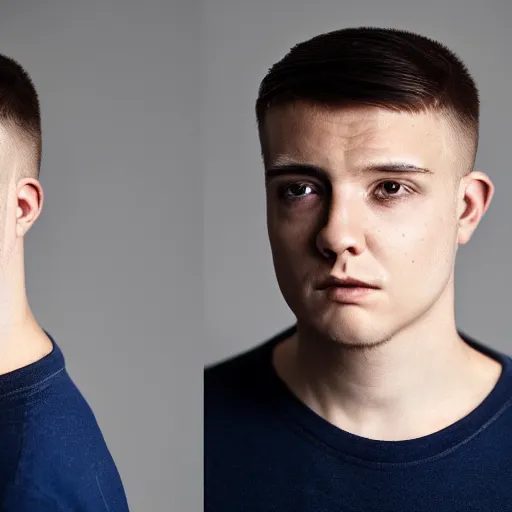Prompt: a guy with a terrible ugly absurde haircut, studio lighting, head close up