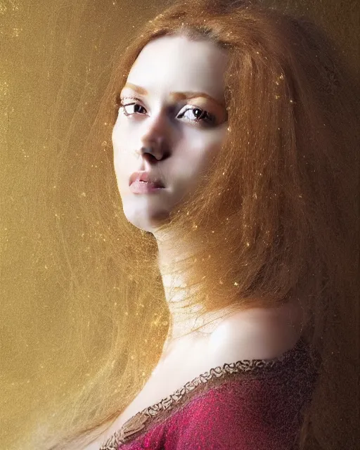 Prompt: realistic portrait of a mysterious woman made of gold in silky clothes with long golden hair, detailed, 1 4 5 0, delicate, hyper realism, ultra realistic, 8 k