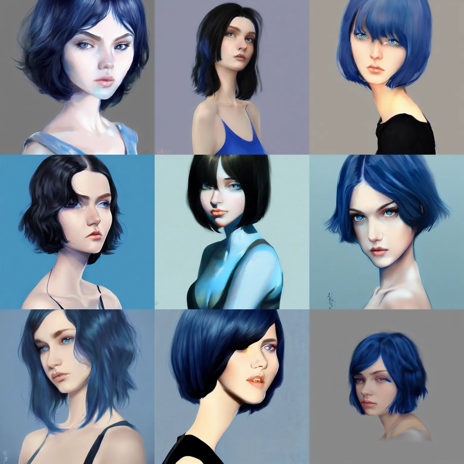 Prompt: young pale girl with striking blue eyes and curly black hair in a bob haircut, concept art, illustration, half - body, artstation