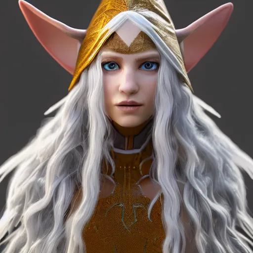 Image similar to a highly detailed elf in full length, with white long hair, white clothes, bright blue eyes, artstation, DeviantArt, professional, octane render