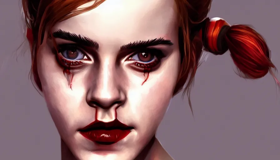 Image similar to emma watson is harley quinn, hyperdetailed, artstation, cgsociety, 8 k