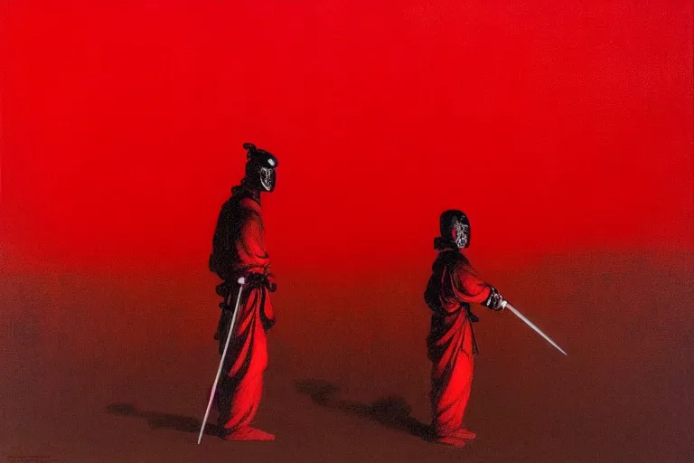 Image similar to only with red, a red samurai harakiri, tokio, a lot of frogs watch, in the style of beksinski, parts by edward hopper, parts by rodcenko, parts by yue minjun, intricate and epic composition, red by caravaggio, insanely quality, highly detailed, masterpiece, red light, artstation, 4 k