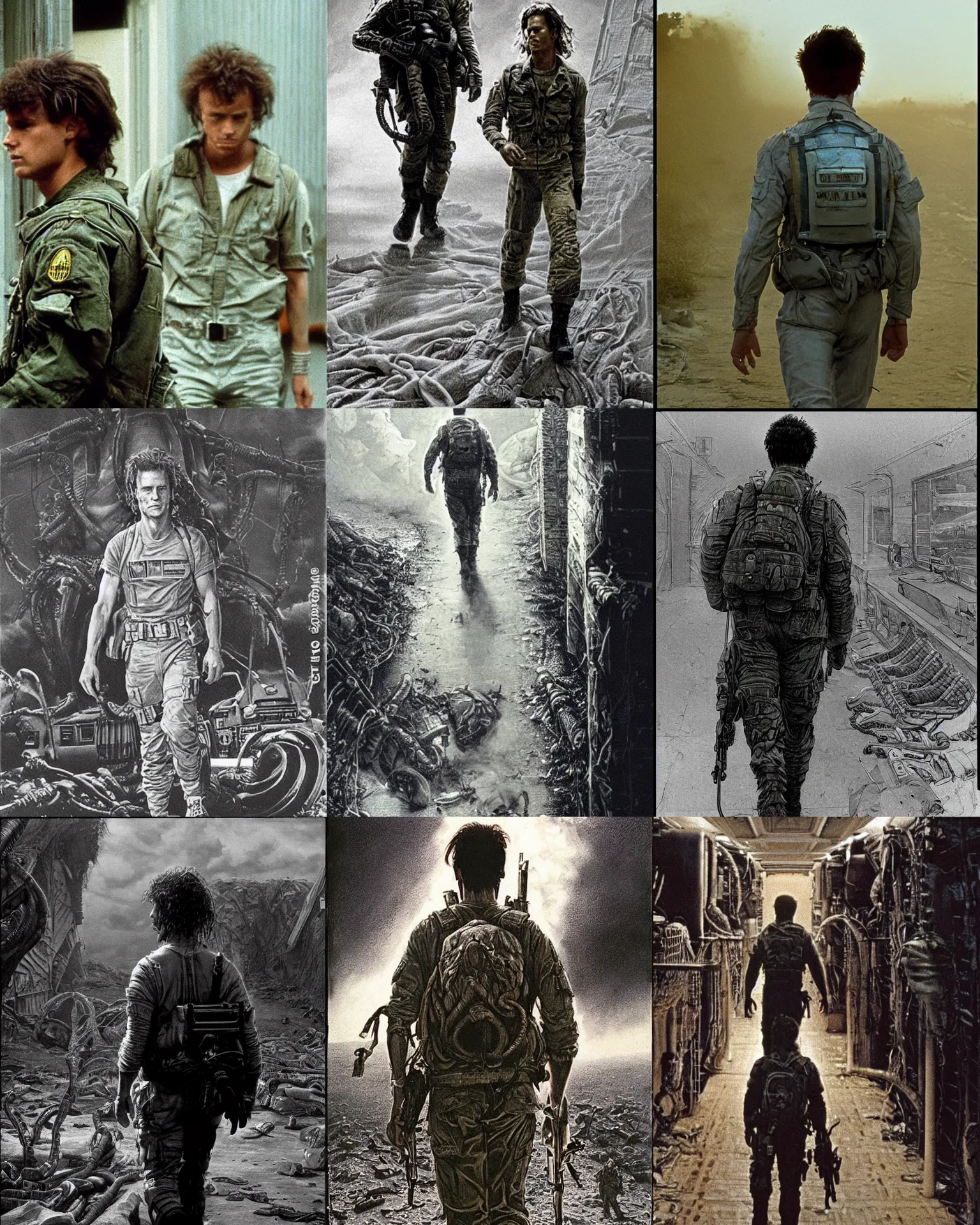 Prompt: private first class william l. hudson ( bill paxton 2 5 years old ) in the film aliens 1 9 8 6,, flat top haircut, walking away,, michael whelan and gustave dore