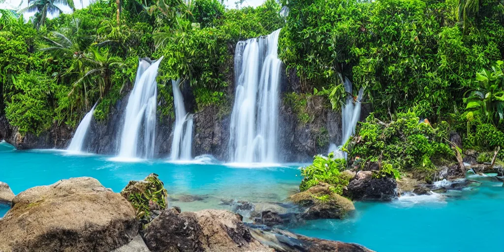 Image similar to of a tropical island with a majestic waterfall flowing into a clear pool of water.