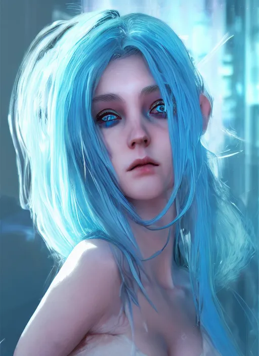 Prompt: beautiful young cyberpunk girl with blue hair, blue eyes, au naturel, hyper detailed, digital art, trending in artstation, cinematic lighting, studio quality, smooth render, fluorescent skin, unreal engine 5 rendered, octane rendered, art style by klimt and nixeu and ian sprigger and wlop and krenz cushart
