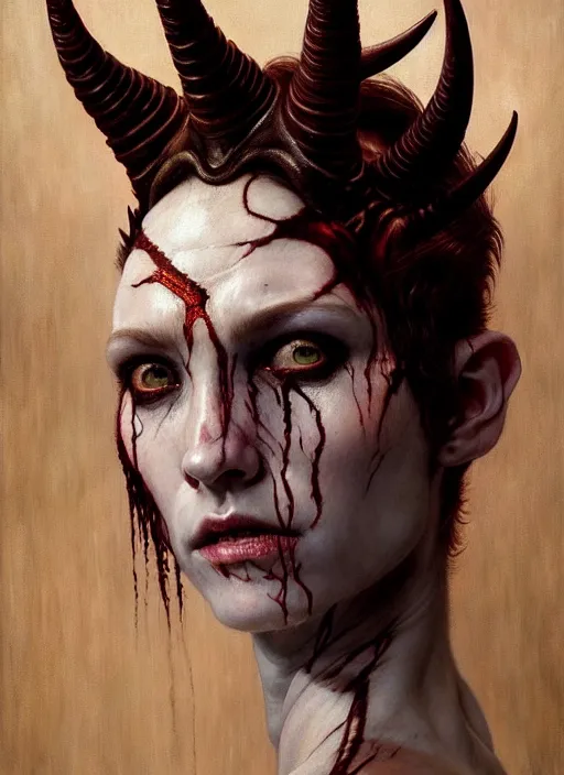 Prompt: half demon half human intricate skin pattern texture, elegant, peaceful, full body, white horns, hyper realistic, extremely detailed, dnd character art portrait, dark fantasy art, intricate fantasy painting, dramatic lighting, vivid colors, deviant art, artstation, by edgar maxence and caravaggio and michael whelan and delacroix.