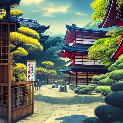 Image similar to old japanese town with garden viewed from harbor, d & d digital painting, ultra realistic, beautiful, volumetric lighting, warm colors advance, cell shading, by james jean, greg rutkowski,