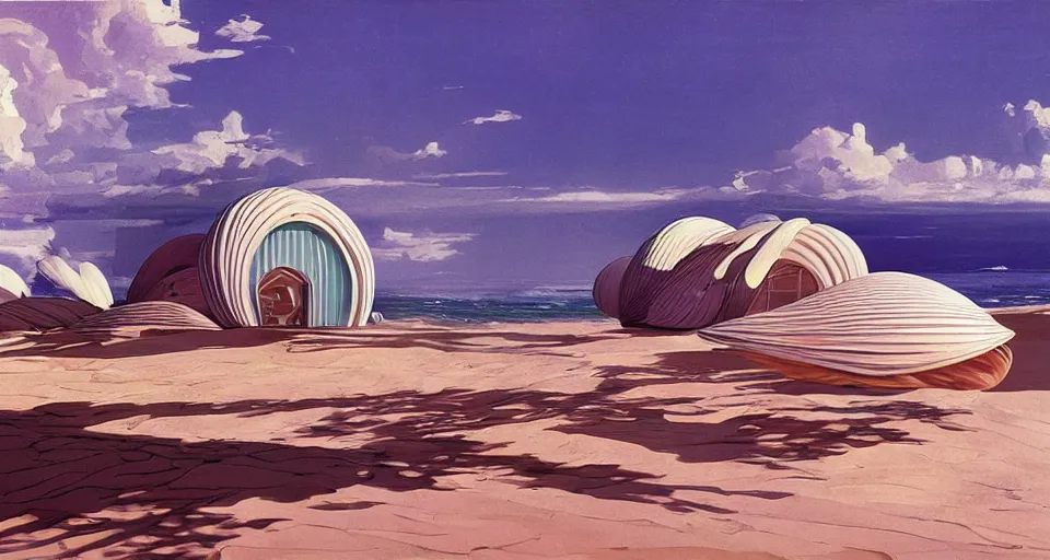 Image similar to nacre seashell house, atmospheric cinematography by syd mead