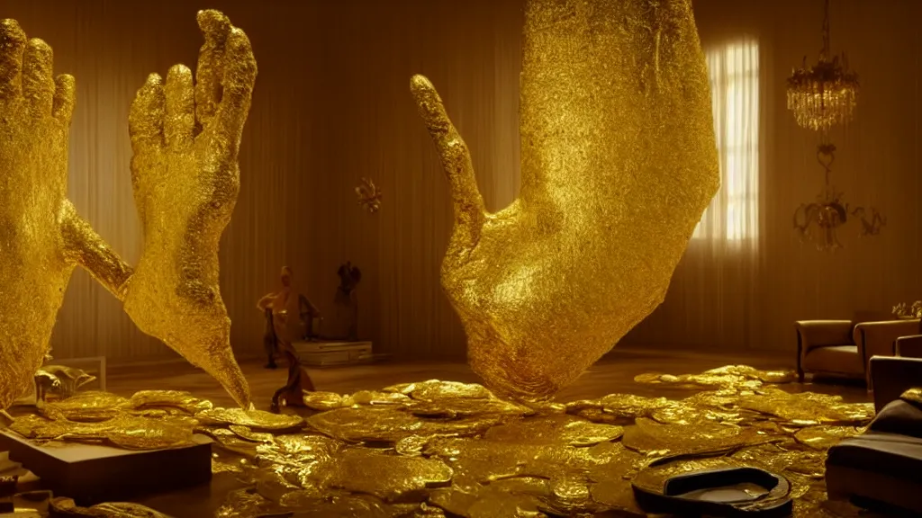 Image similar to a giant hand made of gold and water floats through the living room, film still from the movie directed by Denis Villeneuve with art direction by Salvador Dalí, wide lens