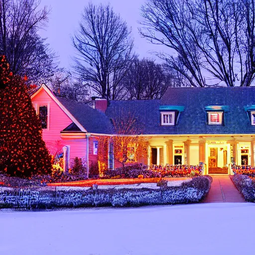 Image similar to a big wonderful house in the american suburbs decorated in christmas lights, shot from across the street, during the night, snow is falling to the ground