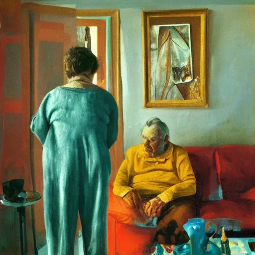 Image similar to high quality high detail painting of a old couple in a soviet living room by lucian freud and zdzislaw beksinski and francis bacon, hd, dark atmosphere, turquoise and orange