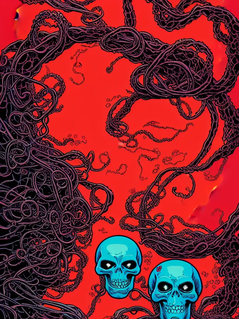 Image similar to a glowing red skull in the sea enveloped by jellyfish tendrils and black seaweed by josan gonzalez and dan mumford and laurie greasley and ross tran, highly detailed, high contrast