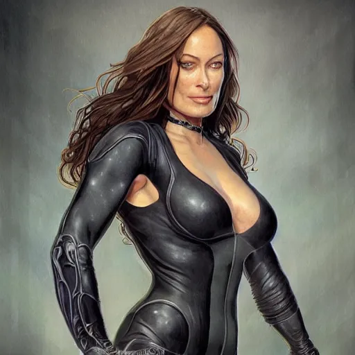 Prompt: full figure ultra realistic illustration, olivia wilde as an older and rugged catwoman, terraformed new york city, post - apocalyptic, intricate, elegant, highly detailed, digital painting, artstation, concept art, smooth, sharp focus, illustration, art by artgerm and greg rutkowski and alphonse mucha